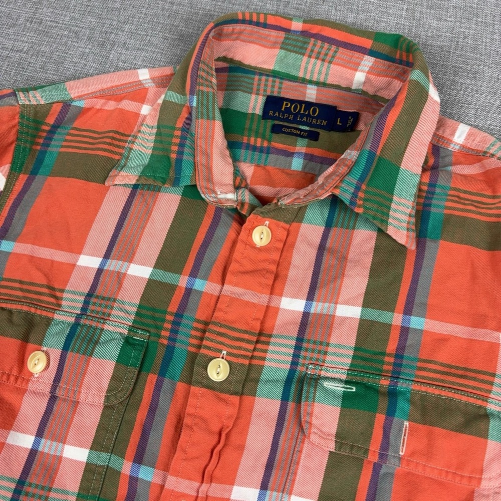Polo Ralph Lauren Shirt Mens Large Orange Plaid Long Sleeve Button Up Custom Fit